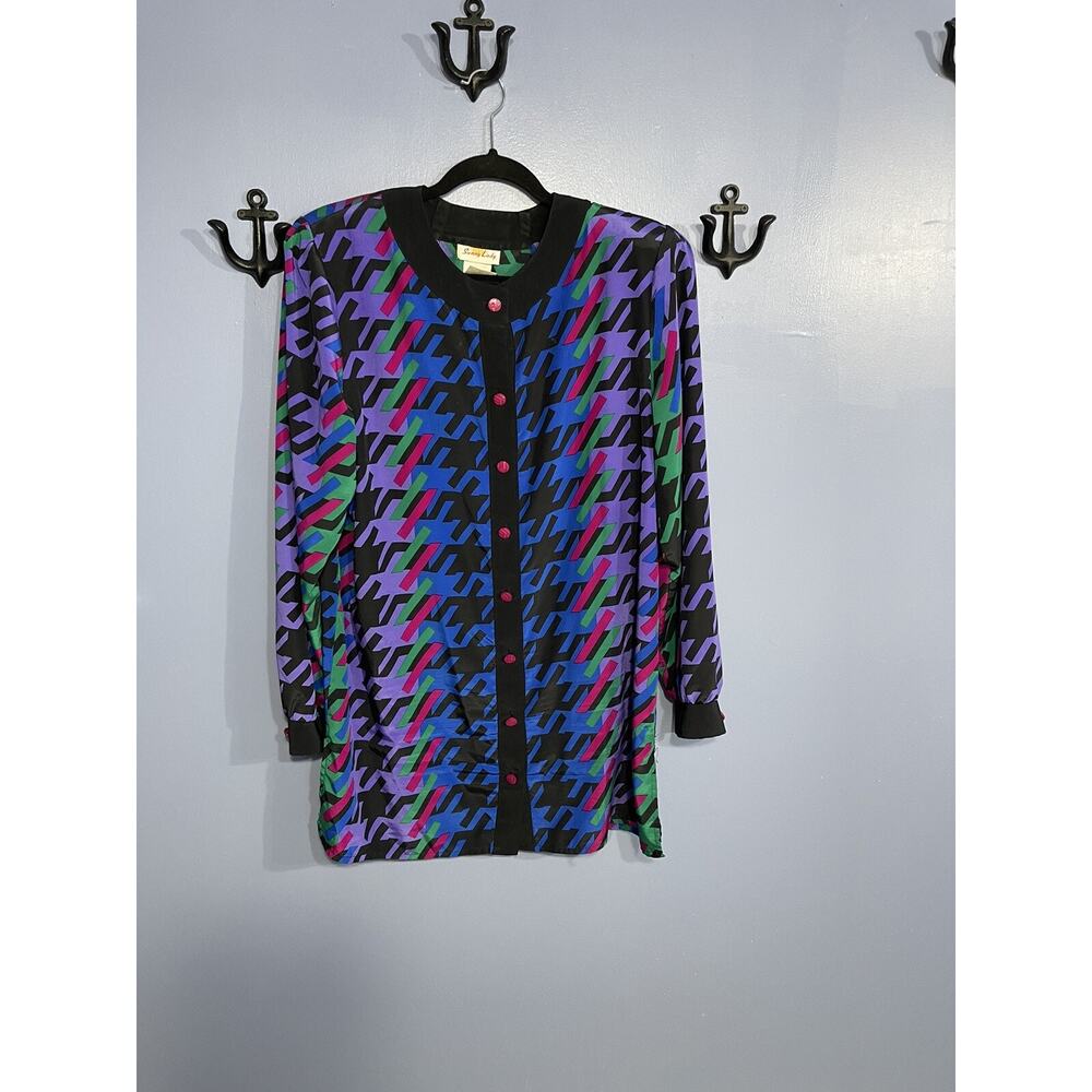Vtg Sunny Lady Polyester Tunic Multicolor Geometric Print w/Shoulder Pads Sz 18W